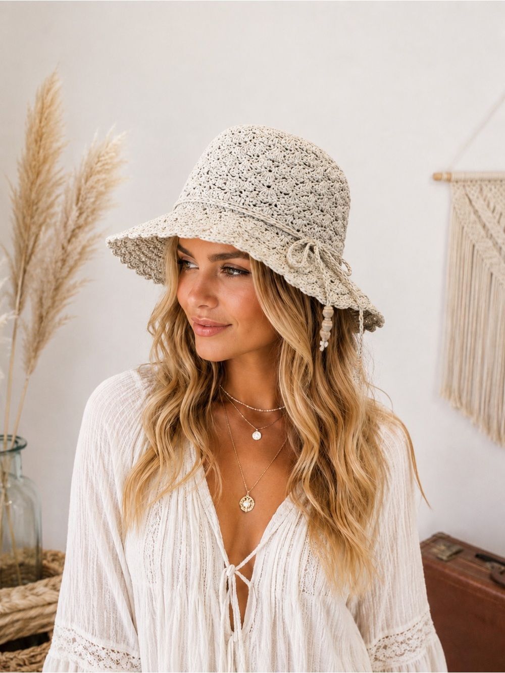 Boho Chic Crocheted Beach Sun Hat in Cream - Women's Summer Hat